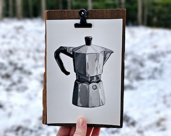 Moka Pot Coffee Maker Original Painting on Black Walnut Frame, Rustic Coffee Decor, Barista Gift, Coffee Bar Decor