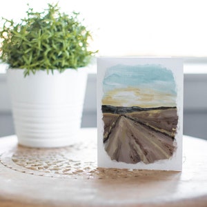 Tarjeta de felicitación con paisaje rústico al atardecer, tarjeta de felicitación con paisaje, tarjeta para amantes de la naturaleza, tarjeta para actividades al aire libre