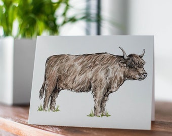 Highland Cow Greeting Card, Cute Cow Card, Brown Fluffy Cow Card, Farm Animal Greeting Card, Rustic Animal Card