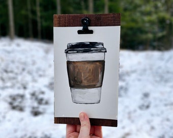 Coffee Cup Original Painting on Black Walnut Frame, Rustic Coffee Decor, Barista Gift, Coffee Lover Art, Coffee Bar Decor