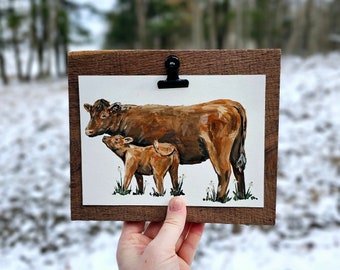 Mom and Baby Cow Original Painting on Black Walnut Frame, Rustic Cow Decor, Farmhouse Wall Art, Rustic Painting, Cow Lover Gift