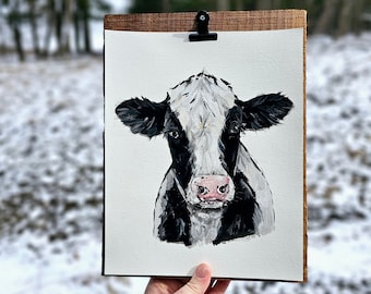 Cow Holstein Original Painting on Black Walnut Frame, Black and White Cow Art, Rustic Cow Decor, Farmhouse Cow, Rustic Cow Wall Art