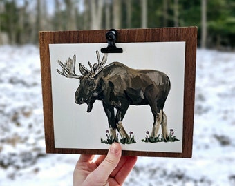 Original Moose Painting on Black Walnut Rustic Frame, Forest Animal, Moose and Daisy Art