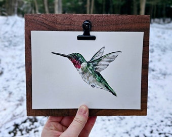 Original Hummingbird Painting on Black Walnut Rustic Frame, Rustic Hummingbird Art