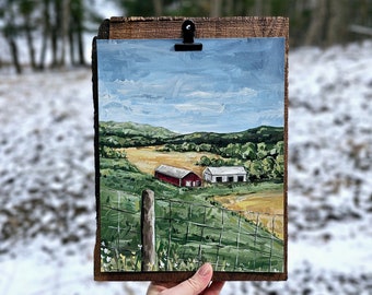 Rustic Barn Original Landscape Painting on Black Walnut Frame, Field and Barns Wall Art, Rural Landscape Art, Farmer Decor