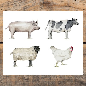 Cow, Sheep, Pig and Chicken Farmhouse Wall Art Print, Farm Animal Wall Art, Animal Room Decor, Art Print