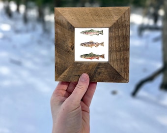 Rustic Trout Art Print in Wood Frame, Fish Forest Animal Decor, Rustic Animal, Fishing Decor, Fisherman Art, Brook Rainbow Brown Trout