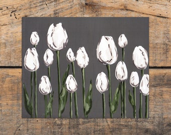 Rustic White Tulips Art Print, Farmhouse Grey and White Painting, Rustic Flower Decor