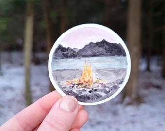 Landscape Camping Sticker, Rustic Waterproof Vinyl Sticker, Campfire Sticker, Campfire Hiking Lover