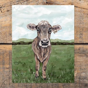 Brown Swiss Cow Farmhouse Wall Art Print, Grey Cow Decor, Farm Animal Wall Art