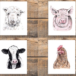 Farm Animal Art Print, Rustic Wall Art Print Set, Cow, Sheep, Pig, Chicken, Farmhouse Decor, Farm Animal Room Decor, Art Print