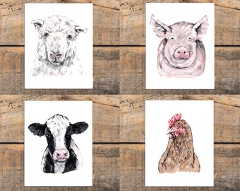 Farm Animal Art Print, Rustic Wall Art Print Set, Cow, Sheep, Pig, Chicken, Farmhouse Decor, Farm Animal Room Decor, Art Print