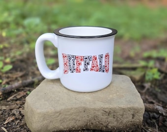 Floral Buffalo Coffee Mug, Football Cup, Ceramic Camp Mug