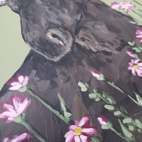 Original Moose Painting, Forest Animal and Wildflowers, Among the shops Wildflowers, Green Decor