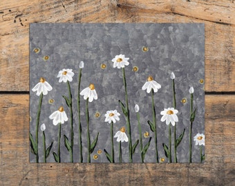 Rustic Daisy Art Print, Daisy Flowers with Lightning Bugs with Metal Looking Background, Rustic Art Print, Farmhouse Decor