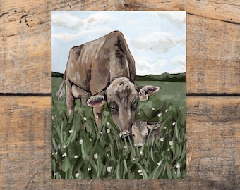 Stampa artistica di mucca mamma e cucciolo, Brown Swiss, decorazione rustica di mucca, arte murale della fattoria, dipinto rustico, regalo per gli amanti delle mucche
