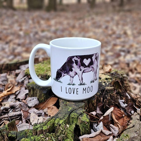 I Love Moo 黒と白の牛の白い陶器マグ、ホルスタイン牛のコーヒーマグ 