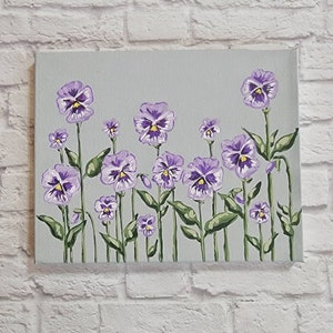 Pansy Flower Original Painting, Purple Flowers, Flower Painting on Canvas, Spring Decor