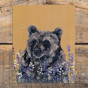 Floral Bear Art Print, Rustic Bear Decor, Woodland Animal Art Print, Yellow Ochre Print