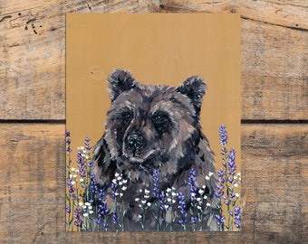 Floral Bear Art Print, Rustic Bear Decor, Woodland Animal Art Print, Yellow Ochre Print