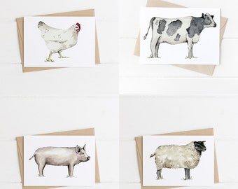 Farm Animal Greeting Card Set of 4, Cute Cow Card, Black and White Cow Card, Farm Animal Greeting Card, Chicken Card, Sheep Card, Pig Card