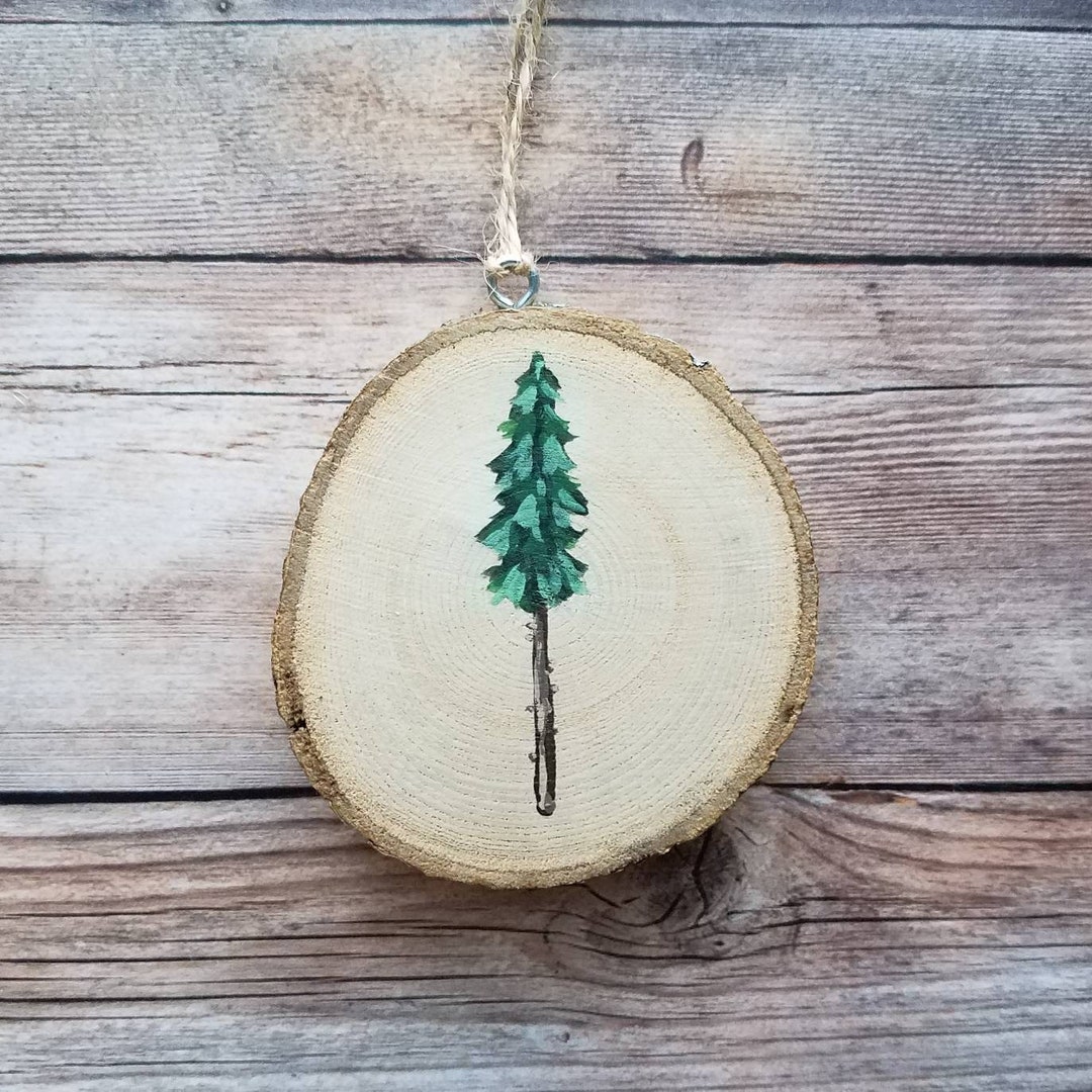 Pine Tree Ornament, Handmade Wood Slice Ornament, Rustic Tree Ornament ...