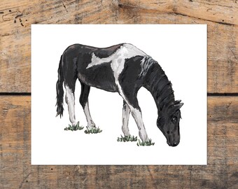 Impresión de arte de pared de granja con caballos, arte rústico de pared, decoración de habitación con animales de granja, impresión de arte de un lindo caballo negro