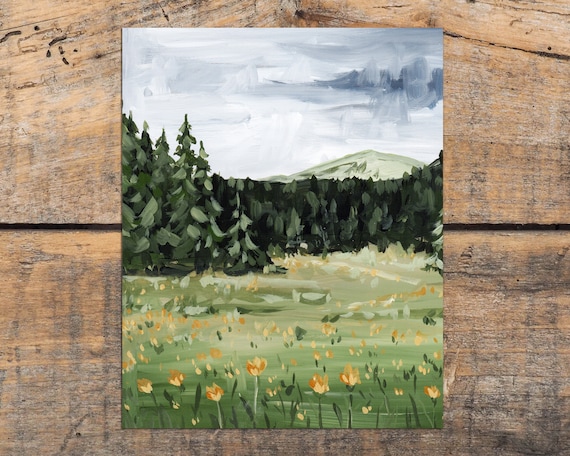 Rustic Landscape Art Print, Yellow Flower Field Wall Art, Rural Landscape Art Print