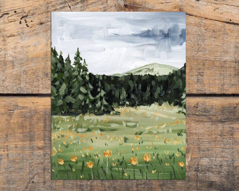 May include: A painting of a forest scene with a mountain in the background. The trees are green and the sky is cloudy. There are yellow flowers in the foreground.