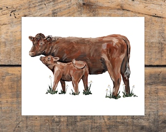 Stampa artistica di mucca mamma e cucciolo, decorazione rustica di mucca, arte murale della fattoria, dipinto rustico, regalo per gli amanti delle mucche
