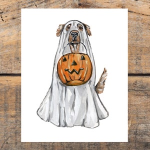 Ghost Dog Art Print, Golden Retriever Dog Halloween Print, Trick or Treat, October Decor, Halloween Ghost Art