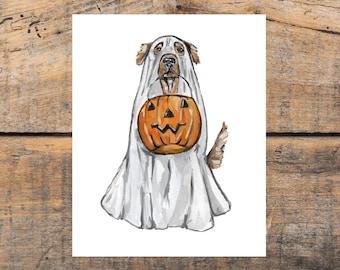 Ghost Dog Art Print, Golden Retriever Dog Halloween Print, Trick or Treat, October Decor, Halloween Ghost Art