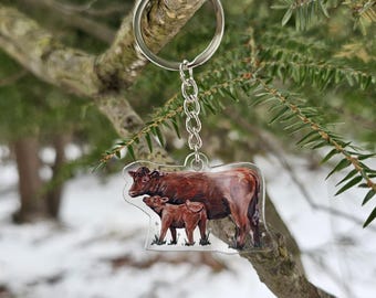 May include: A brown cow and calf keychain made of clear acrylic. The keychain is attached to a silver chain and ring.