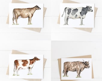 Set of 4 Cow Greeting Card Set, Cute Cow Card, Black and White Cow Card, Farm Animal Greeting Card, Jersey, Holstein, Highland, Ayrshire