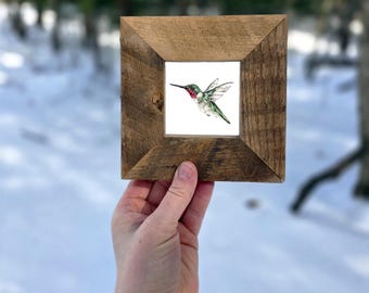 Rustic Hummingbird Art Print in Wood Frame, Floral Woodland Animal Decor, Humming Bird Art Print