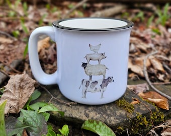 Farm Animal Stack Mug, Cow Sheep Pig Chicken Coffee Cup, Ceramic Camp Mug