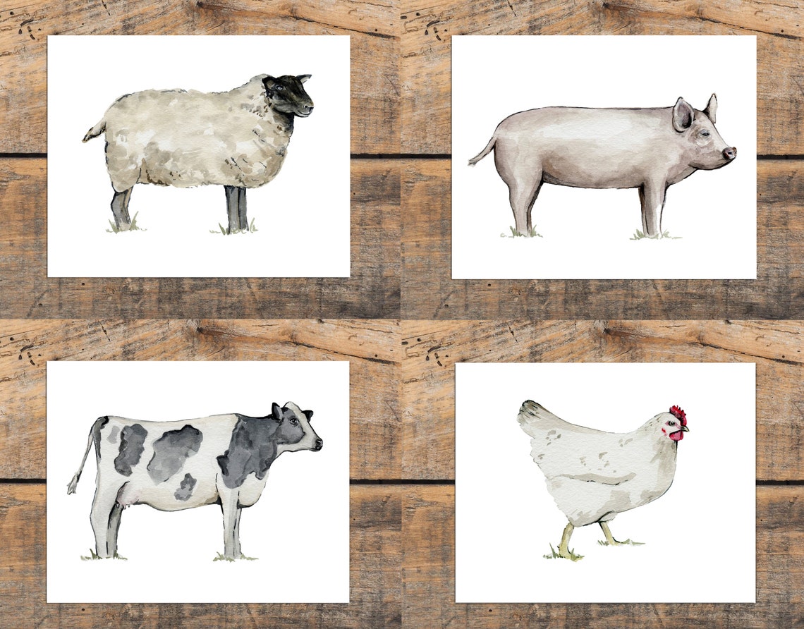 Farm Animal Art Print Rustic Wall Art Print Set Cow Sheep Etsy
