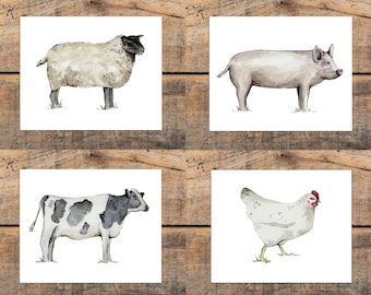 Impresión artística de animales de granja, juego de impresiones artísticas rústicas para pared, vaca, oveja, cerdo, pollo, decoración de granja, decoración de habitación con animales de granja, impresión artística