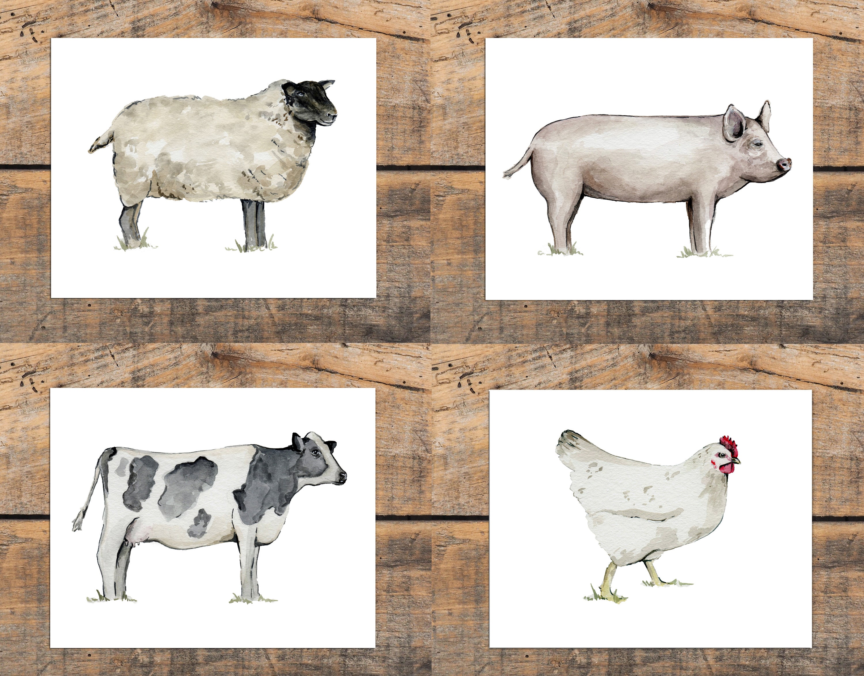 Farm Animal Art Print, Rustic Wall Art Print Set, Cow, Sheep, Pig ...