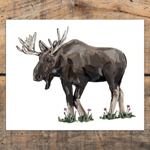 Rustic Moose Art Print, Floral Woodland Animal Decor, Forest Animal, Moose and Daisy Art Print