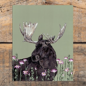 Floral Moose Art Print, Rustic Moose Decor, Woodland Wall Art, Rustic Print, Pink Flowers