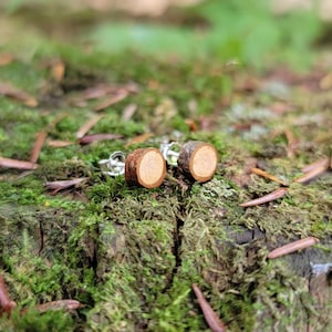 May include: A pair of wooden earrings with a natural wood finish. The earrings are shaped like small tree rounds with visible wood grain. The earrings are set on a mossy surface.