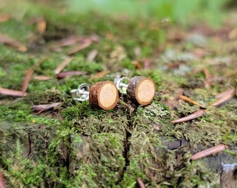 Small Wood Slice Post Earrings, Tree Stud Earrings, Natural Minimalist, Sterling Silver, Wooden Branch Earrings