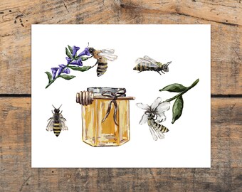 Honey Bees Art Print, Honey, Bee Art, Beekeeper