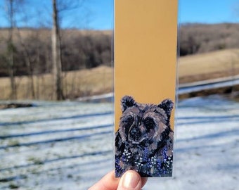Bear Floral Bookmark, Grizzly Bear Bookmark, Woodland Animal Bookmark, Book Lover Gift