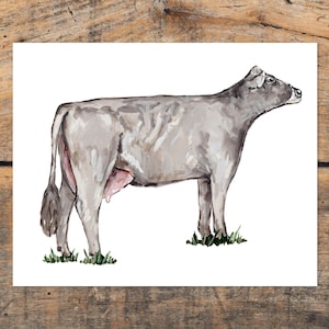 Brown Swiss Cow Farmhouse Wall Art Print, Grey Cow Decor, Farm Animal Wall Art