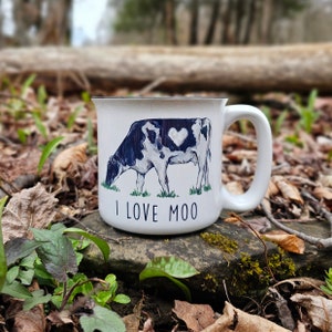 Ich liebe Moo Schwarzweiß-Kuh Weiß Keramikbecher, Holstein Kuh Kaffeebecher, Kuhtasse, Kuhbecher, Keramik Camp Becher
