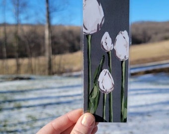 Floral Grey Tulip Bookmark, Rustic White Flower Bookmark, Pretty Bookmark, Single or Set of Four