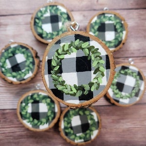 Buffalo Plaid Wreath, Handmade Wood Slice Ornament, Original Art Christmas Ornament, Holiday Ornament