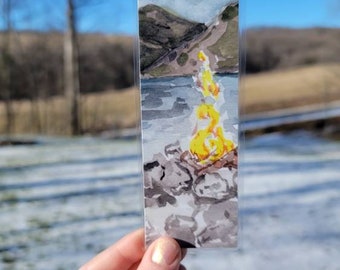 Campfire Bookmark, Rustic Camping Landscape, Landscape Watercolor Bookmark